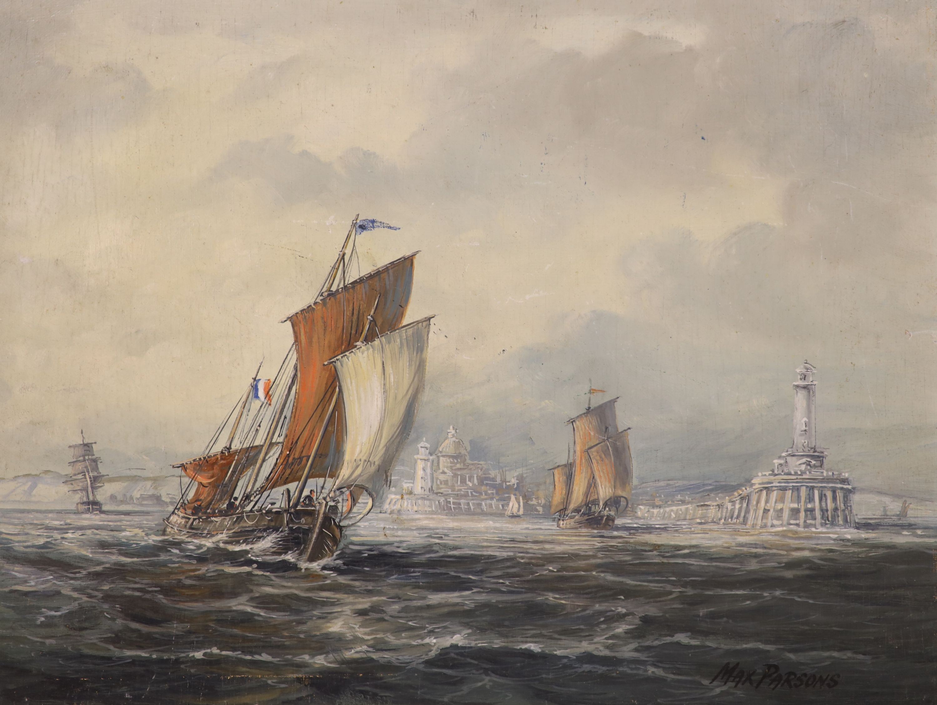 Max Parsons (1915-1998), oil on board, Fishing vessels off the coast, signed, 30 x 40cm, unframed